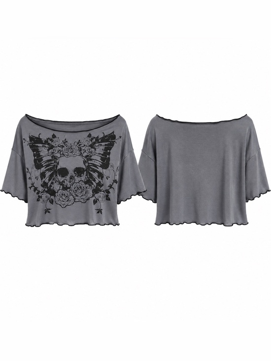 Tops - Skull Rose Graphic Oversized Crop Top